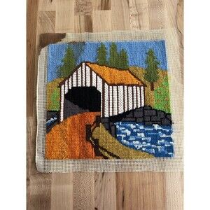 Vintage 60s 70s Completed Needlepoint Covered Bridge Small 10" x 10"